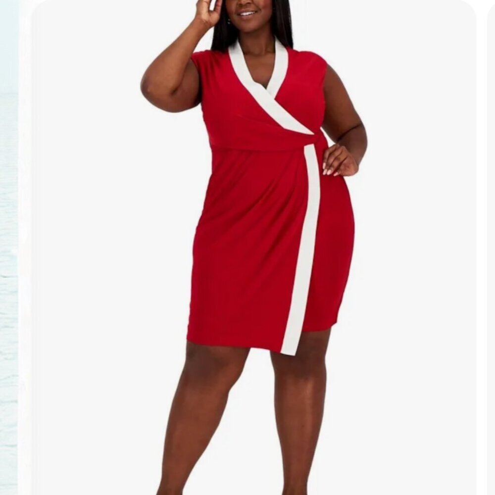 Kasper Plus Size Colorblock Faux-Wrap Sheath Dress Crimson & Creme 3X NWT